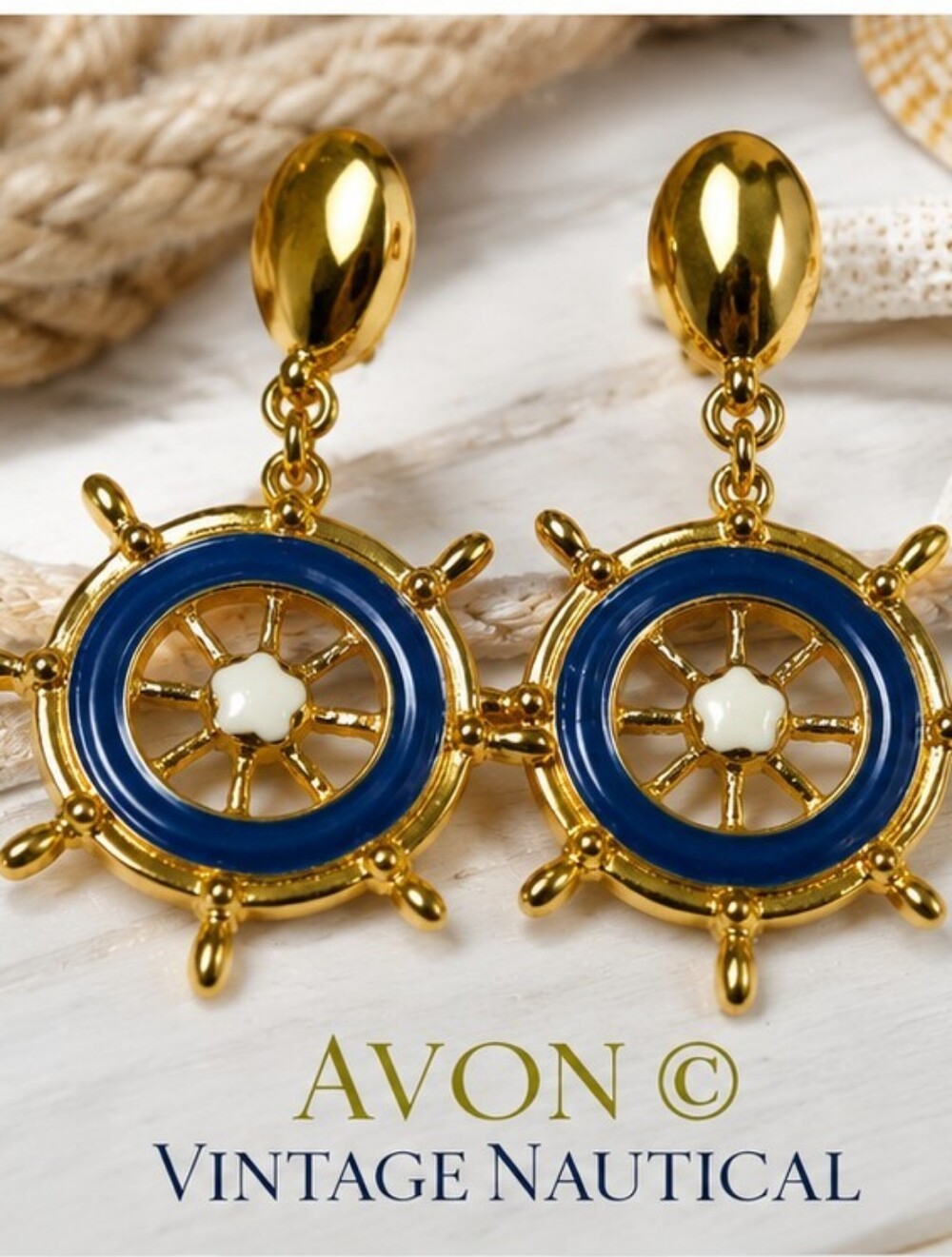 Vintage Avon Nautical Ship Wheel Statement Earrings Gold Tone Blue Enamel Coasta